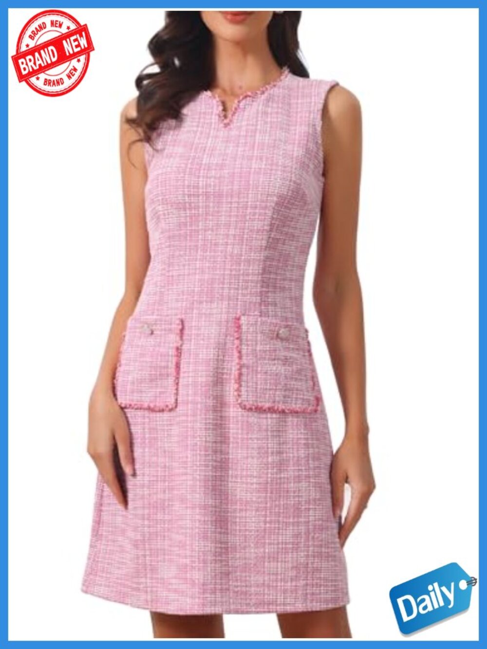 Chic Tweed Dress, V-Neck Sleeveless Plaid, Knee Length, Side Zipper, Pockets
